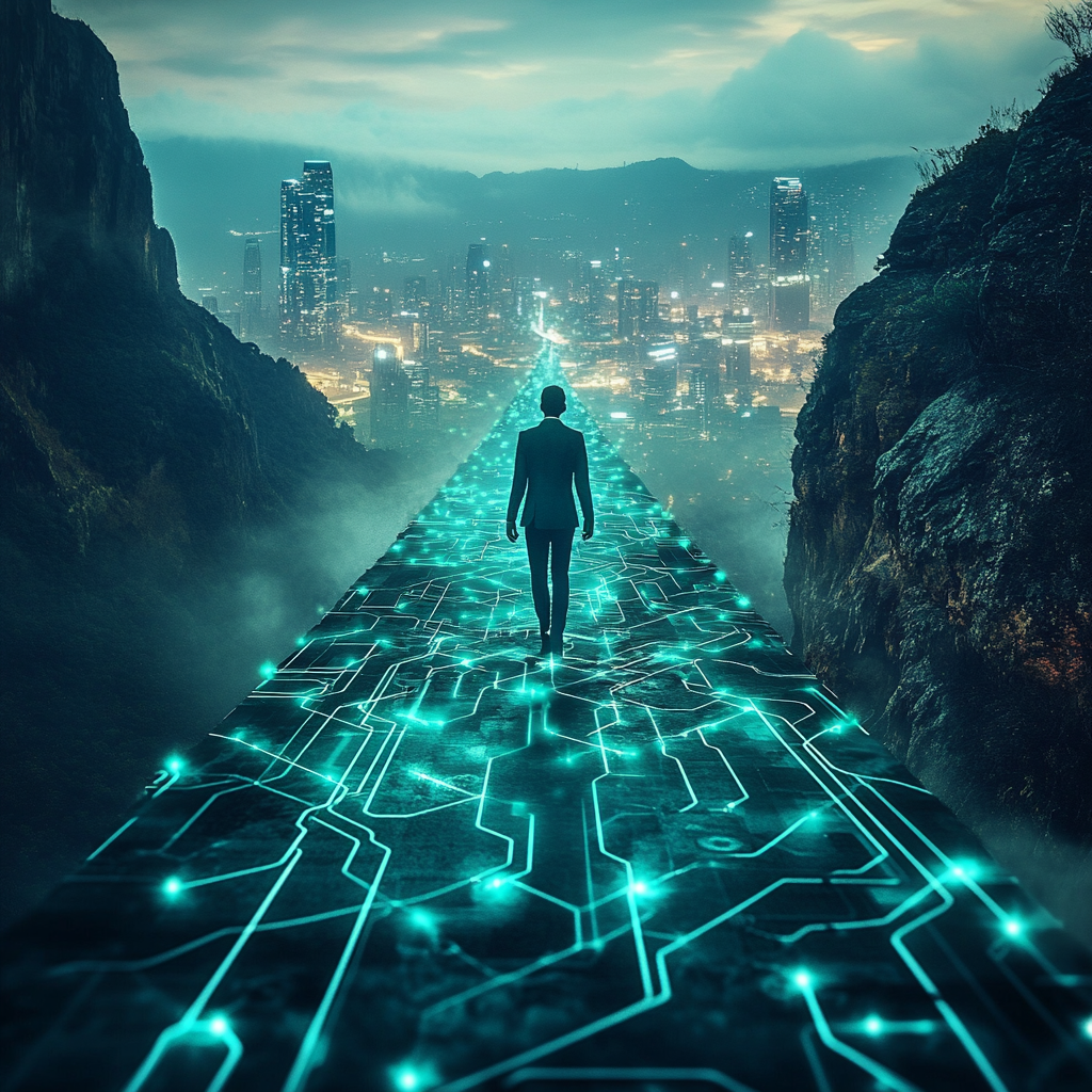 A professional walking along a glowing, futuristic pathway made of interconnected circuits, symbolizing the journey into artificial intelligence. The pathway leads toward a vibrant cityscape illuminated with teal and golden lights, framed by dramatic cliffs under a misty sky. The image represents guidance, innovation, and progress in navigating the AI landscape.