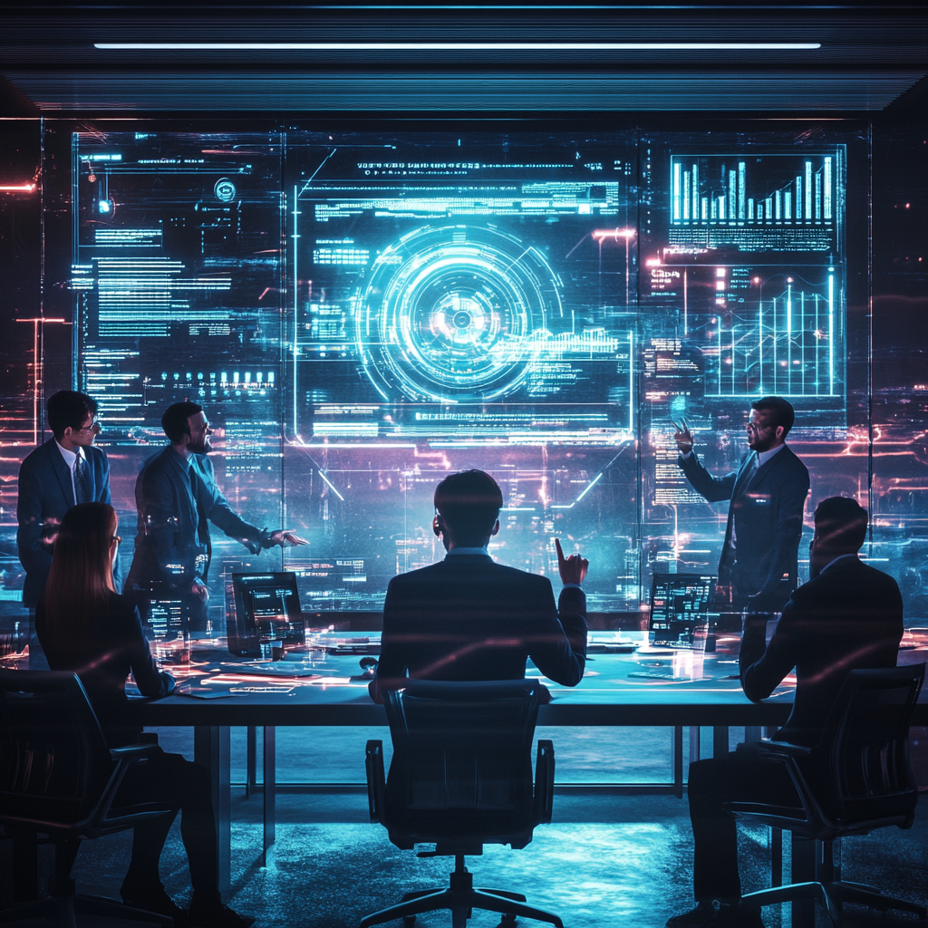 A professional team in a futuristic boardroom collaborating on an AI project delivery plan. A large digital screen at the front displays complex data visualizations, including timelines, charts, and interconnected diagrams. Team members are actively engaged, pointing at and discussing the holographic projections. The setting is illuminated with vibrant blue and teal tones, creating a cutting-edge, technology-focused atmosphere.