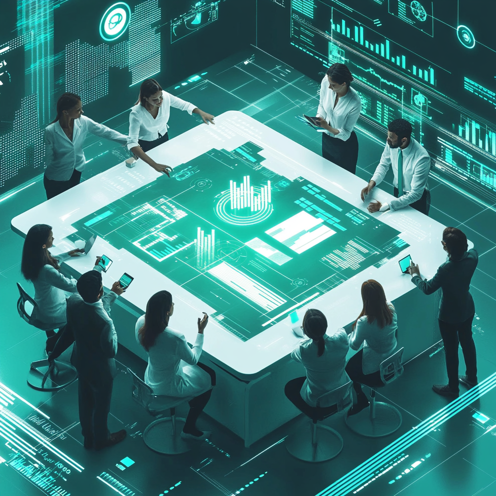 A diverse group of professionals gathered around a futuristic table displaying a glowing digital interface with graphs, charts, and data visualizations. The participants are engaged in discussion, pointing at and interacting with the projected visuals, symbolizing collaboration and strategic planning. The high-tech setting is illuminated with vibrant teal tones, creating a modern and innovative atmosphere.